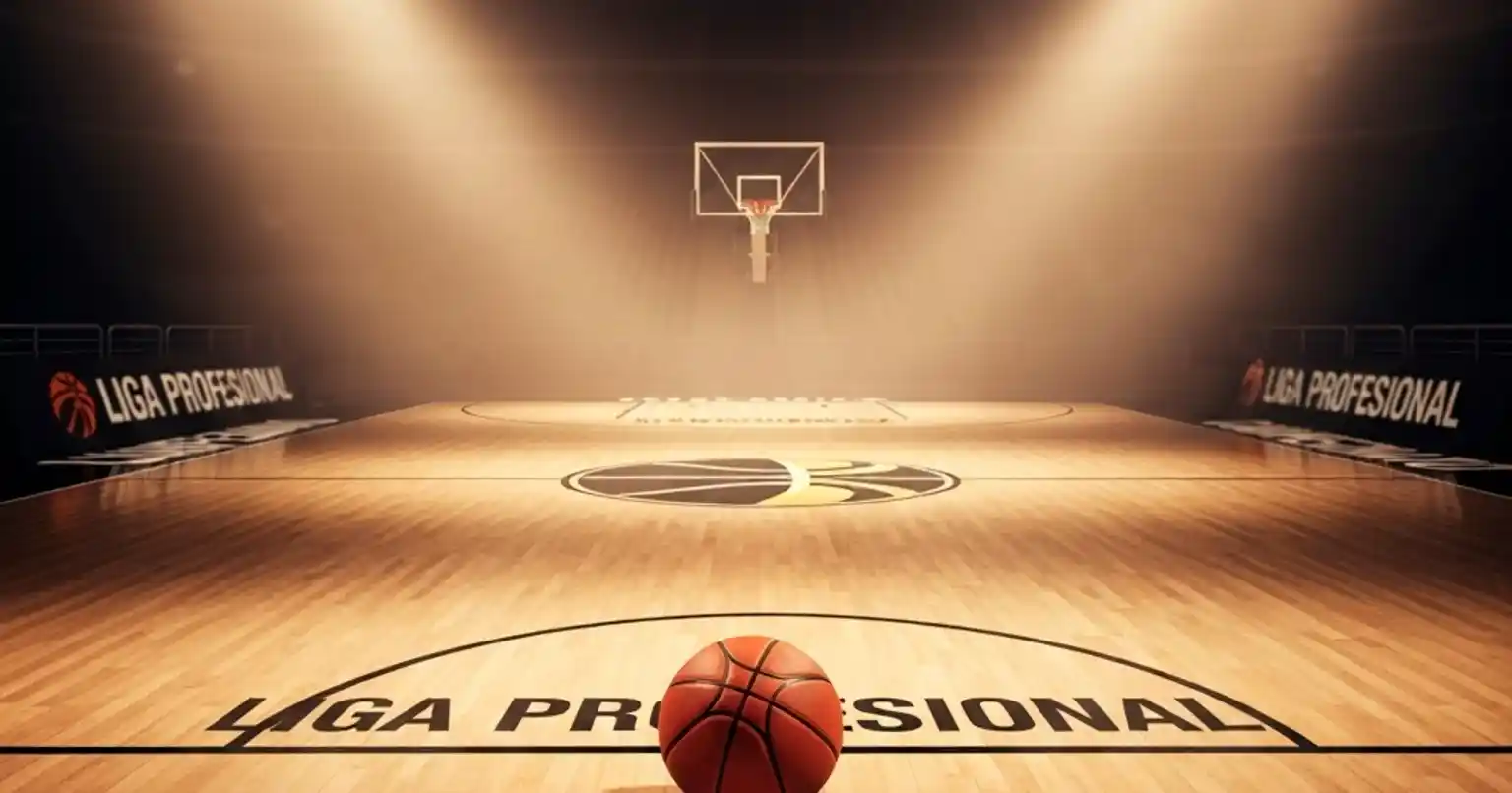 Cancha de baloncesto NBA iluminada con ambiente de apuestas deportivas