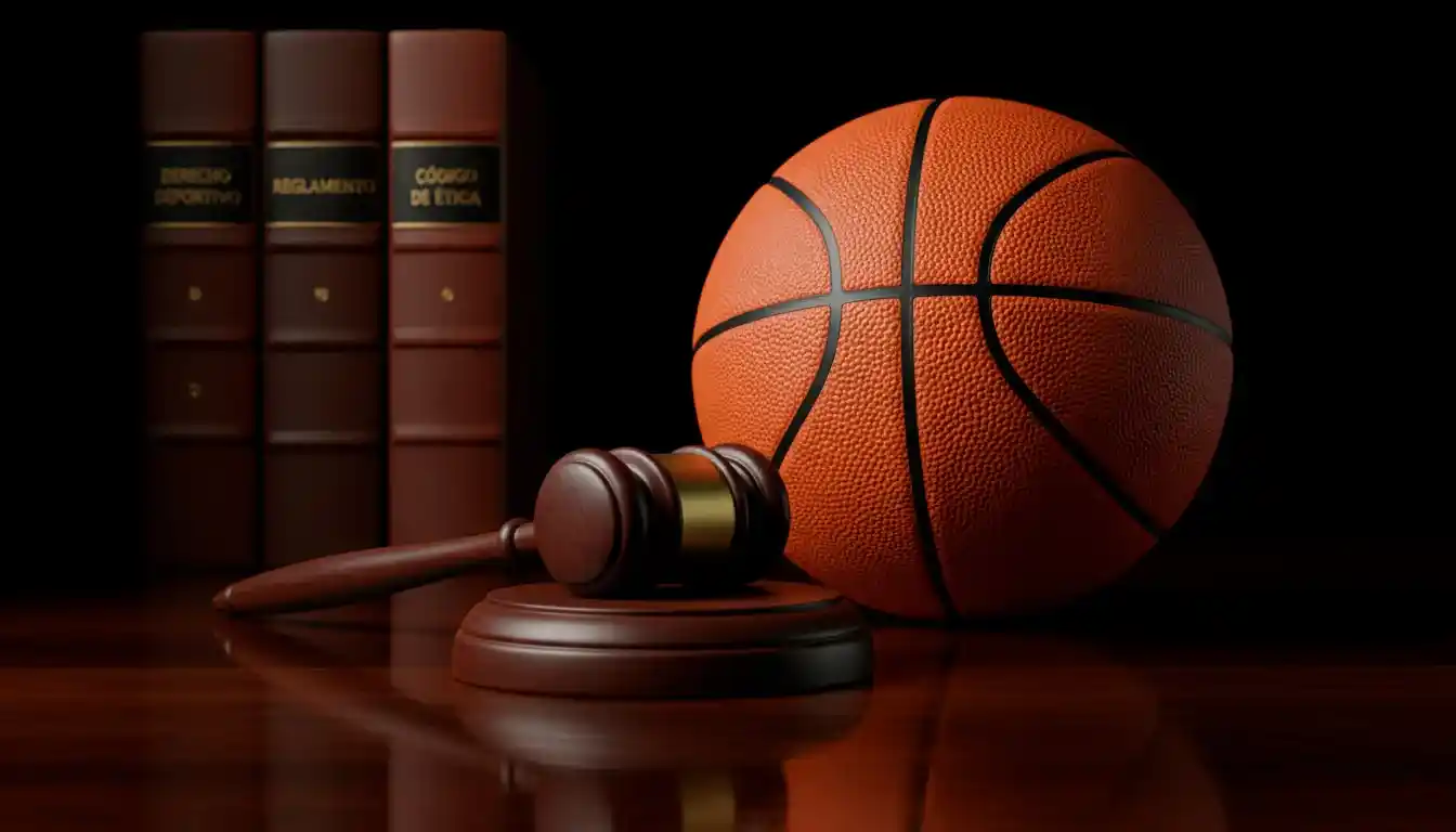 Mazo de juez junto a un balón de baloncesto simbolizando regulación deportiva