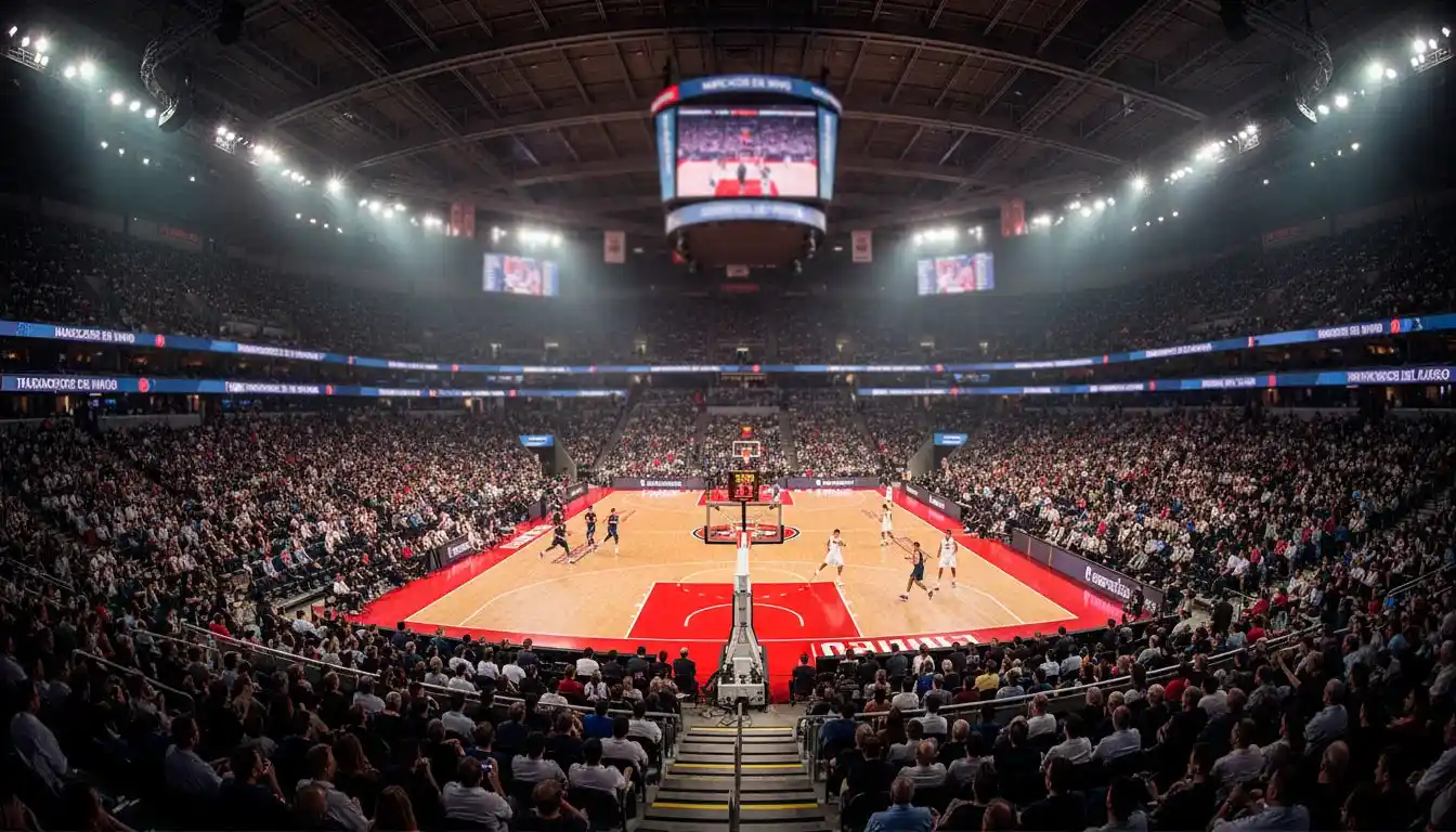 Pista de baloncesto profesional con marcador electrónico durante un partido NBA